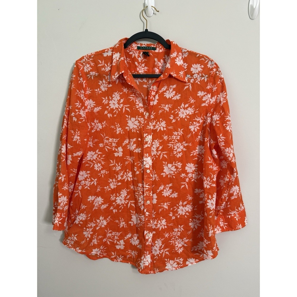 Lauren Ralph Lauren Floral 100% Cotton Button Down Shirt Sz XL Orange Classy
